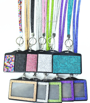 Multi-Colors full Bling Rhinestone Horizontal ID Badge Holder with Necklace LANYARDs Key Chain Key Holder